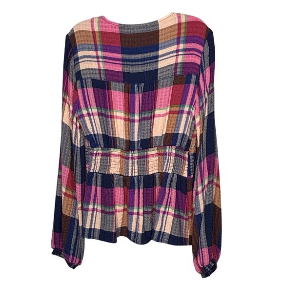 Pilcro Anthro Pink Blue Plaid Peplum Long Balloon Sleeve Fall Blouse Top Size XS - Picture 3 of 13